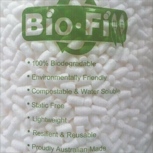 Close-up of a white expanded polystyrene peanuts bag with the text 'Bio-Fill' and environmental attributes such as 100% Biodegradable, Environmentally Friendly, Compostable & Water Soluble, Static Free, Lightweight, Resilient & Reusable.