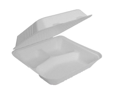 A white compartment food tray with a hinged lid, shown open on a plain white background.