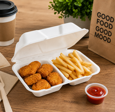 A white foam take-out container holding golden-brown fried chicken nuggets and french fries on a wooden table, with a small cup of red ketchup, a takeaway coffee cup, napkins, and a brown paper bag printed with 'GOOD FOOD GOOD MOOD'.