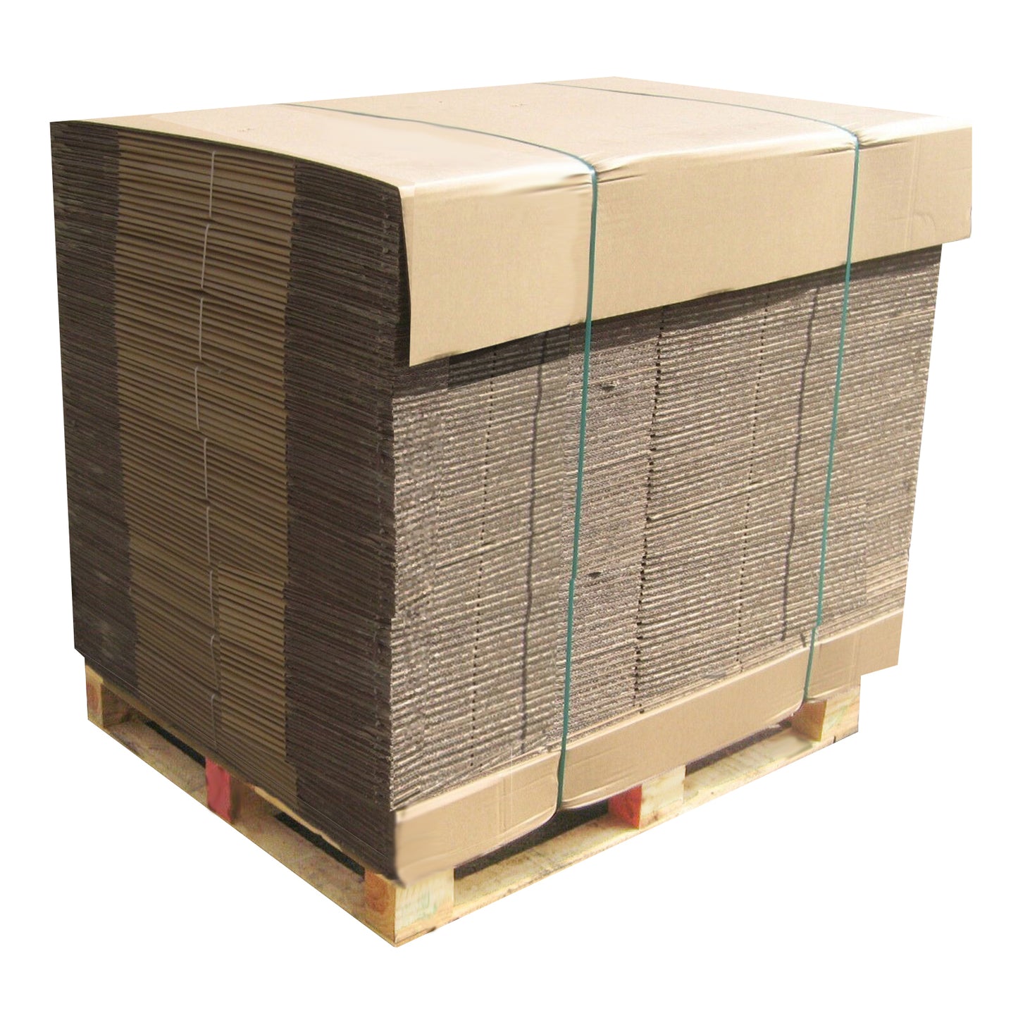 Stack of cardboard boxes on a pallet with brown and beige colors.