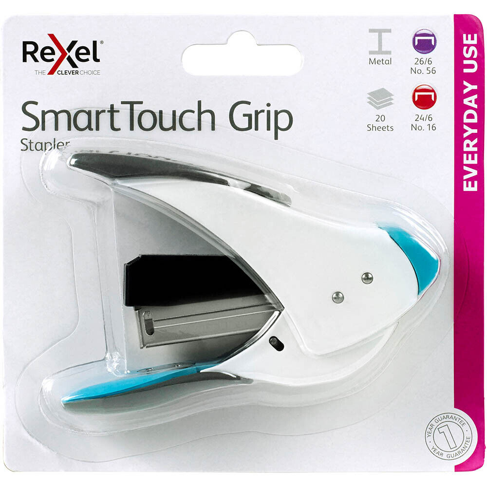 Rexel SmartTouch Grip Stapler in white and blue, packaged in a clear plastic blister pack with the product visible on the left side.