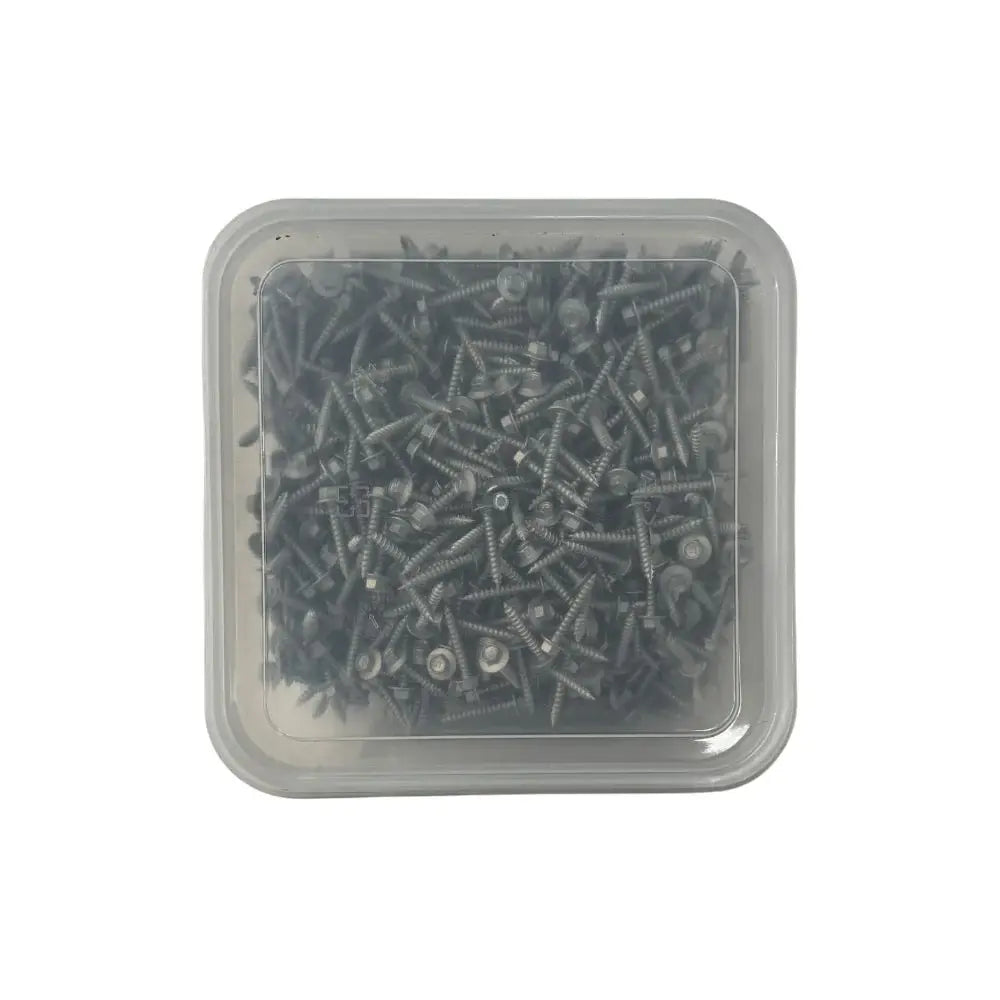 Clear plastic container filled with screws on a white background