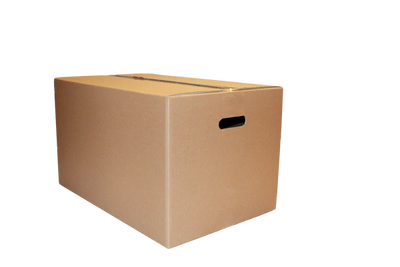 A single, unfilled cardboard box with handles on a plain background.