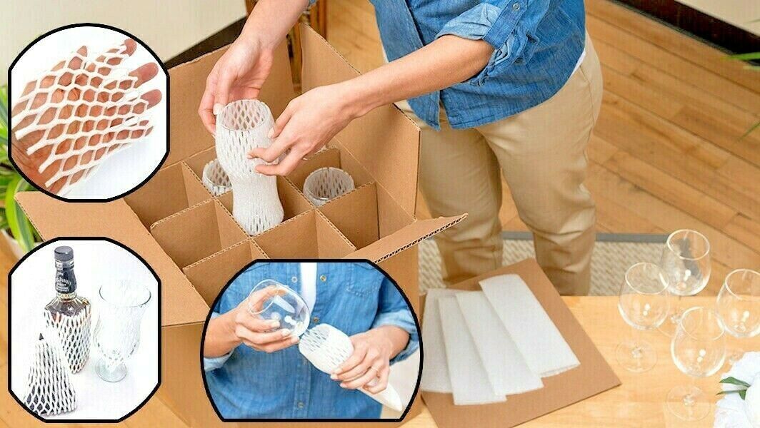Person packing glass items into a box with close-up insets showing packaging details.