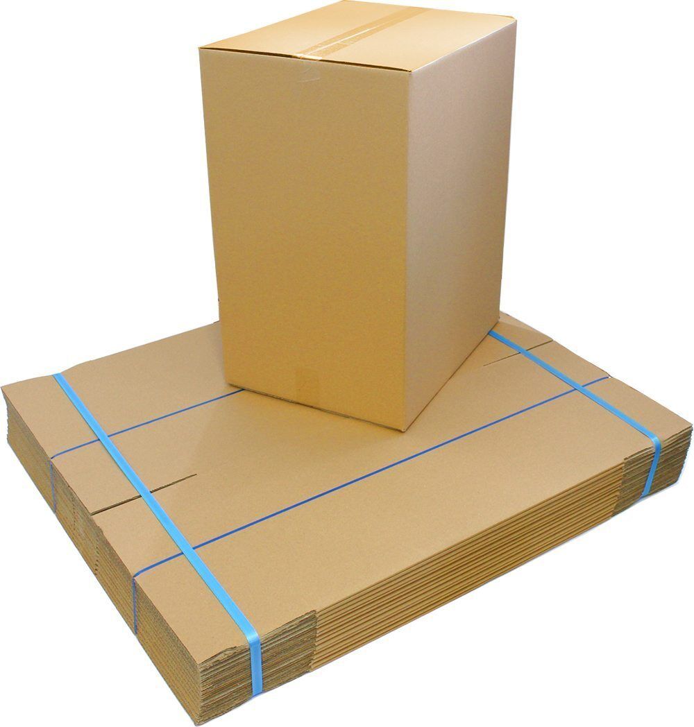 A stack of brown corrugated cardboard boxes tied with blue tape, typically used for moving or packing.