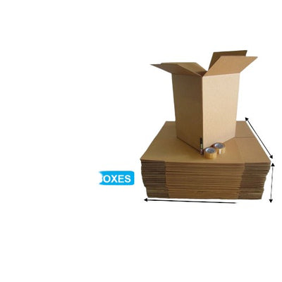 A single brown corrugated cardboard moving box with dimensions labeled, and a small marker pen and sticky tape displayed beside it.