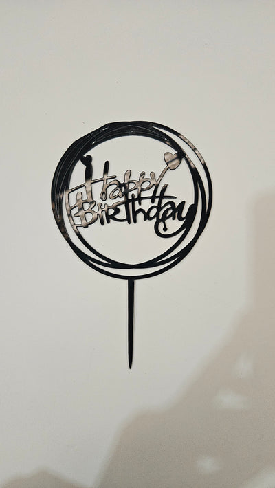Round Happy Birthday Cake Topper- Black- Pack of 10