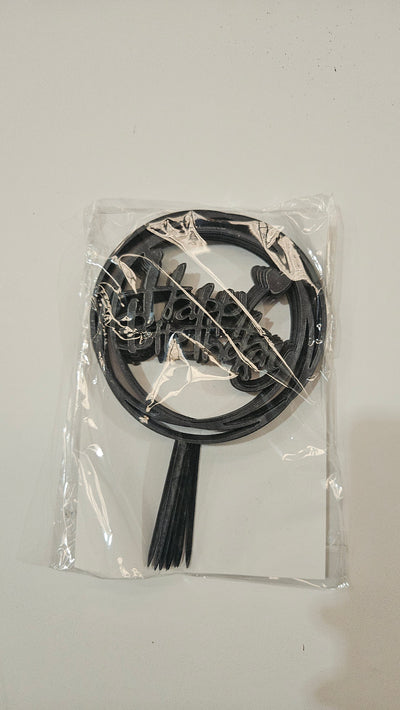 Round Happy Birthday Cake Topper- Black- Pack of 10