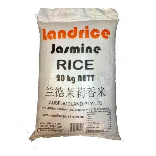 A 20kg bag of Landrice Jasmine Rice with product details and branding on the label.