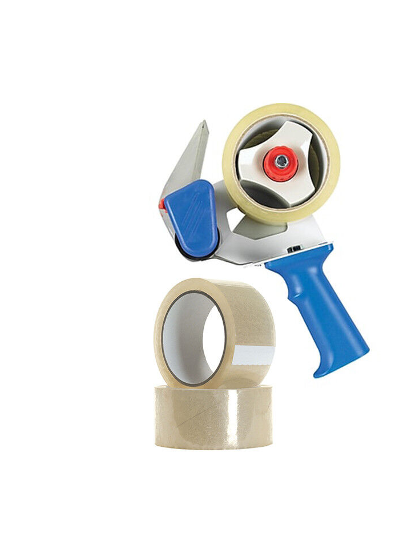 A 48mm packing tape gun dispenser with a blue and silver color scheme, accompanied by a roll of beige packing tape and a piece of clear sticky tape.