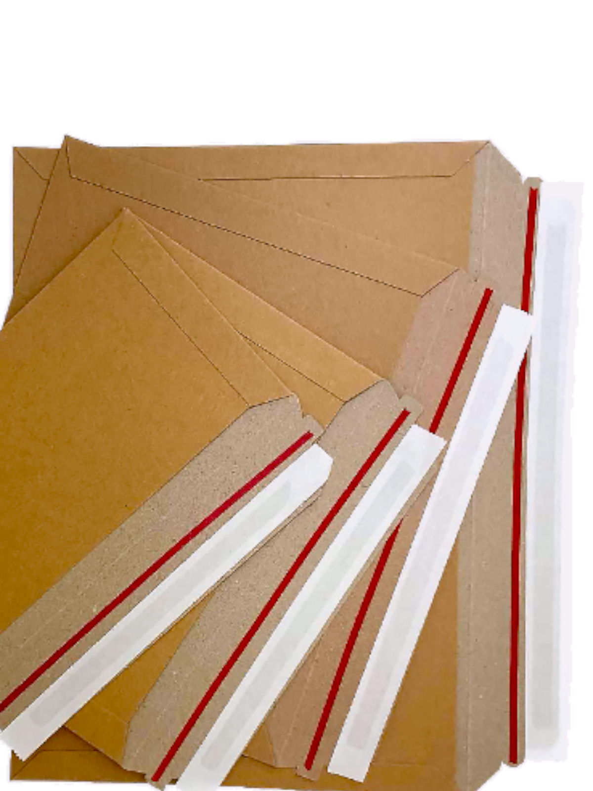 A stack of brown kraft envelopes with red and white address details, suitable for A2, A3, and A4 size documents.