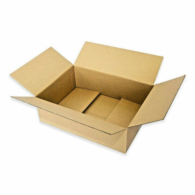 A open A3 sized regular shipping carton made from 100% recycled cardboard.