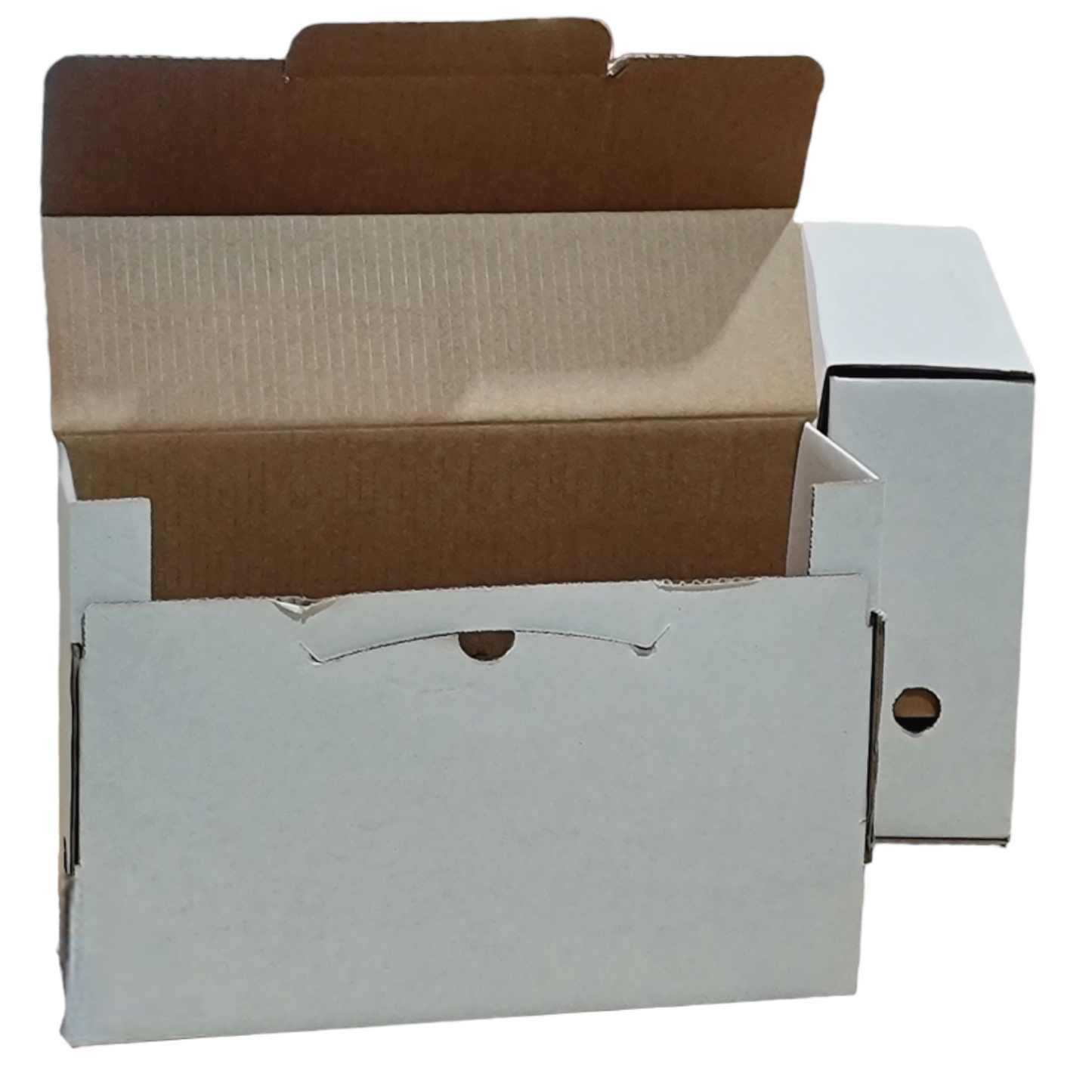 A stack of five white A4 cardboard foolscap archive filing boxes with attached spring clips, made from recycled material.
