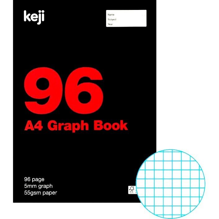 A black A4 graph book with the title '96 A4 Graph Book' displayed on the cover, along with details about the paper and grid size.