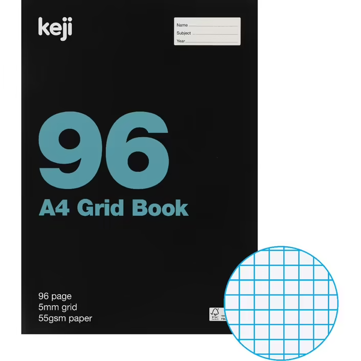 A black A4 sized grid book with '96' and 'A4 Grid Book' printed on the cover, indicating the page count and paper size.