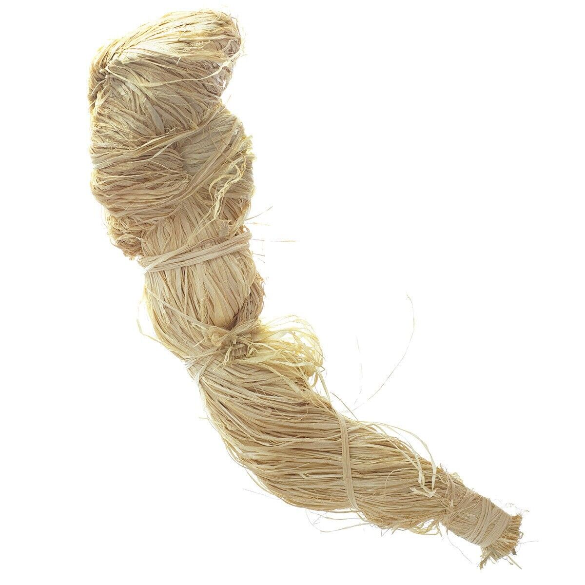 A natural beige raffia hank, coiled and tied at the end, against a white background.