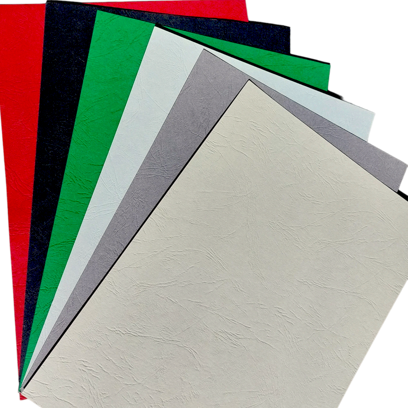 A stack of A4 leathergrain binding covers in various colors including black, red, green, gray, and white.