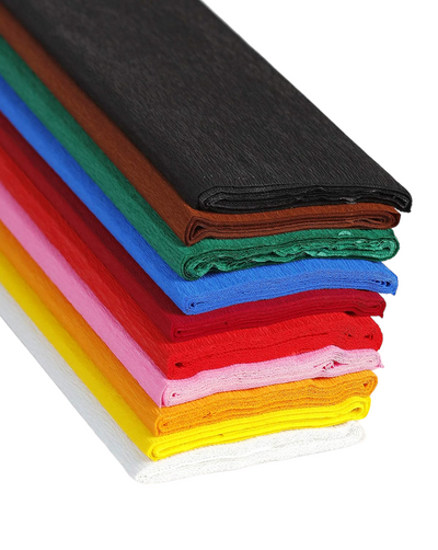 Stack of folded crepe paper sheets in various colors including pink, light blue, dark blue, purple, black, brown, lime, green, orange, yellow, white, and red.