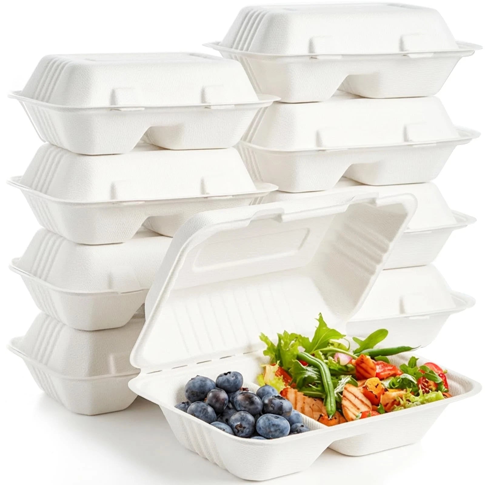 A stack of white biodegradable single-compartment clamshell food containers, with one container in the foreground holding a salad and blueberries to demonstrate use.