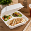 A white compartment take-out food container filled with white rice, sliced grilled chicken, broccoli, cauliflower, carrots, and mixed greens, set on a wooden table with a plant, drink, and paper bag in the background.