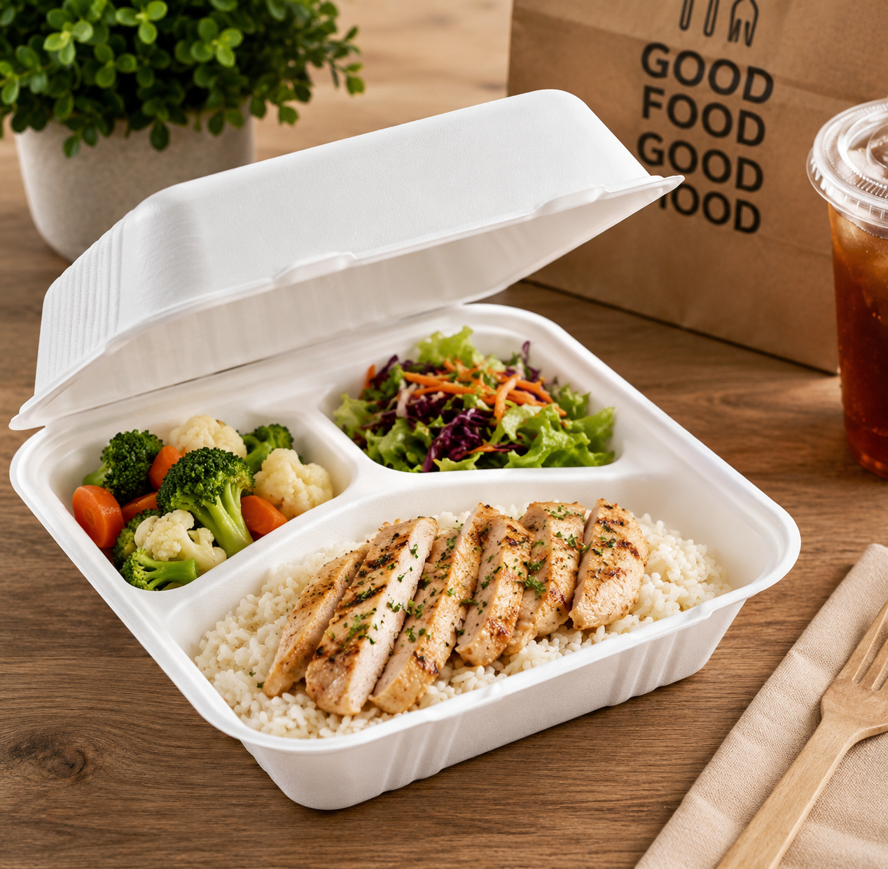 A white compartment take-out food container filled with white rice, sliced grilled chicken, broccoli, cauliflower, carrots, and mixed greens, set on a wooden table with a plant, drink, and paper bag in the background.