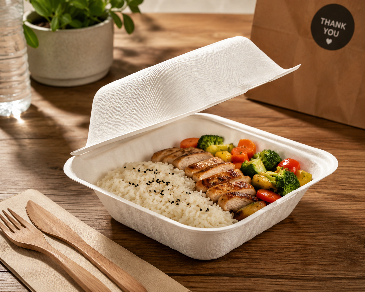 Biodegradable sugarcane bagasse dinner box with compostable clamshell lid for takeaway meals