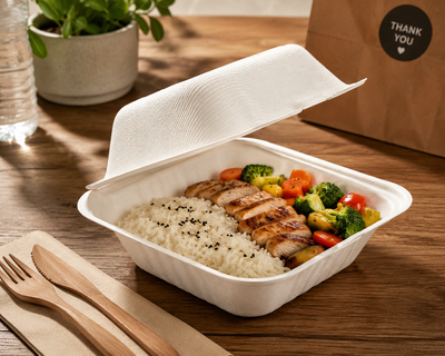 Biodegradable sugarcane bagasse dinner box with compostable clamshell lid for takeaway meals