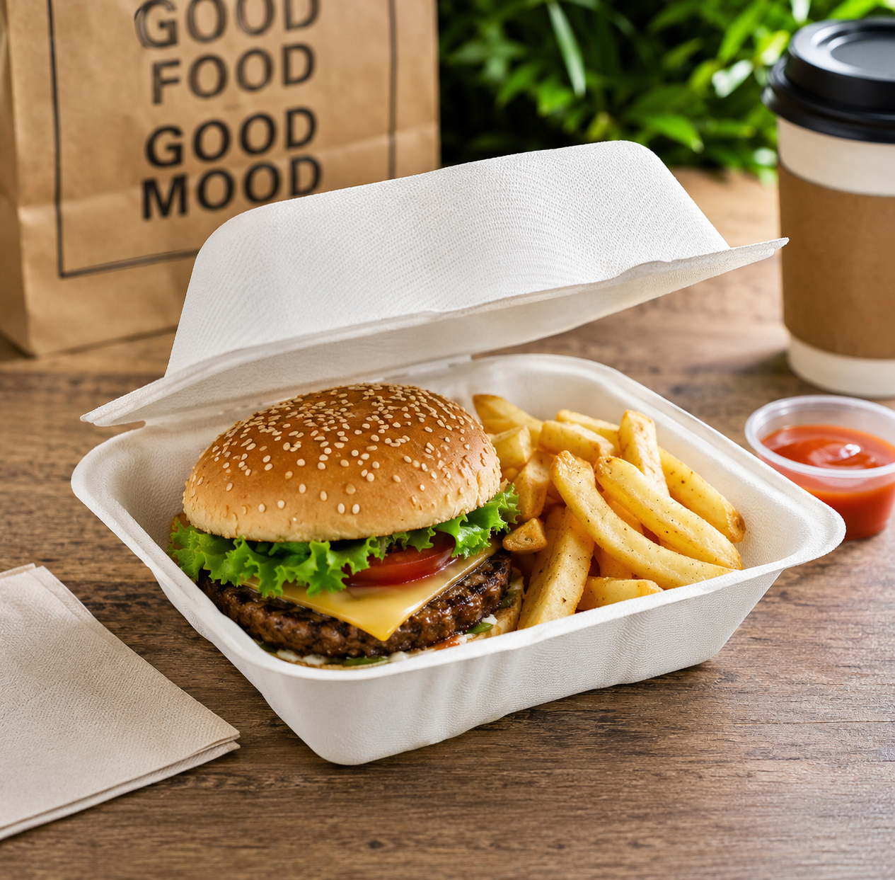 A gourmet burger with lettuce, tomato, and melted cheese on a sesame seed bun, served with golden french fries in a white foam take-out container on a wooden table. A small cup of ketchup, a paper napkin, a brown paper bag with 'GOOD FOOD GOOD MOOD' text, and a coffee cup are visible in the background.