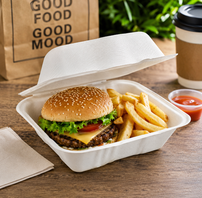 A gourmet burger with lettuce, tomato, and melted cheese on a sesame seed bun, served with golden french fries in a white foam take-out container on a wooden table. A small cup of ketchup, a paper napkin, a brown paper bag with 'GOOD FOOD GOOD MOOD' text, and a coffee cup are visible in the background.
