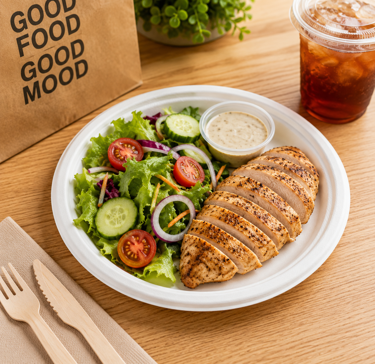 A plated salad with sliced grilled chicken breast, cucumber slices, tomato wedges, red onion, and a small cup of dressing on a white plate, set on a wooden table with a drink, utensils, and a paper bag in the background.