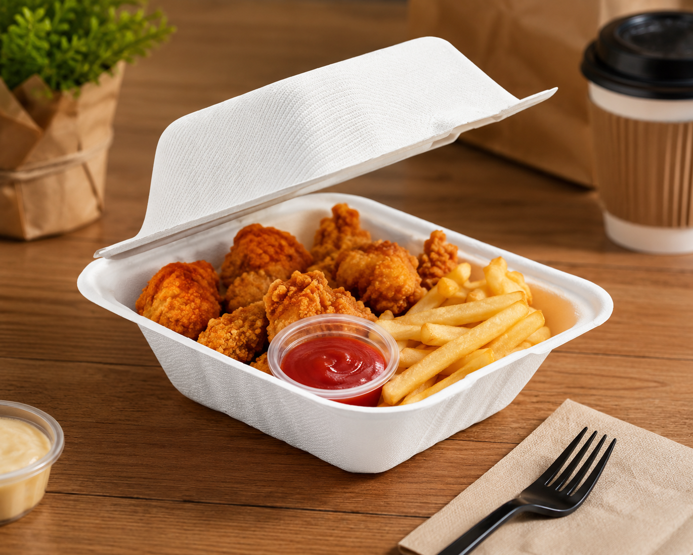 A white foam take-out container filled with fried chicken pieces and french fries, with a small cup of red ketchup, set on a wooden table with a fork, napkin, coffee cup, and plant in the background.
