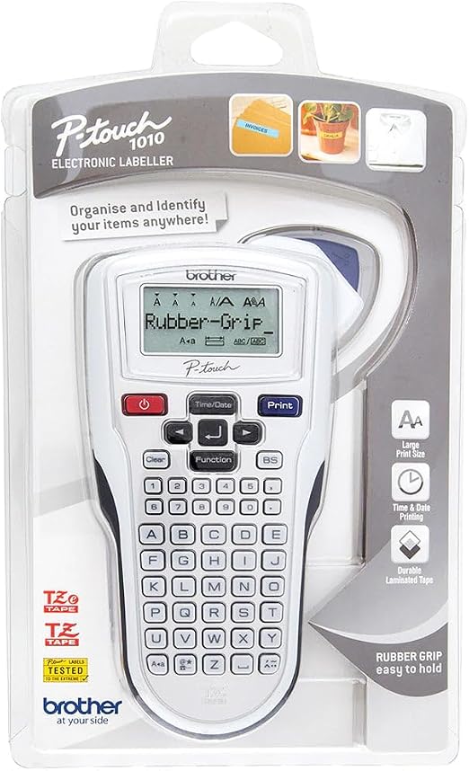 Brother PiTouch 1010 Electronic Labeleller in a white rubber grip design, shown in its original retail blister packaging with a clear plastic cover.