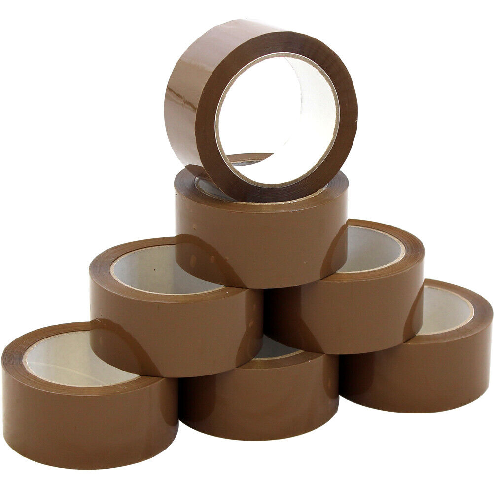 A stack of brown packaging tape rolls