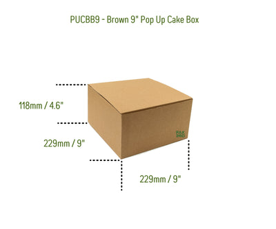 Brown 9 inch cake box assembled with pop-up auto-lock design for safe cake transport