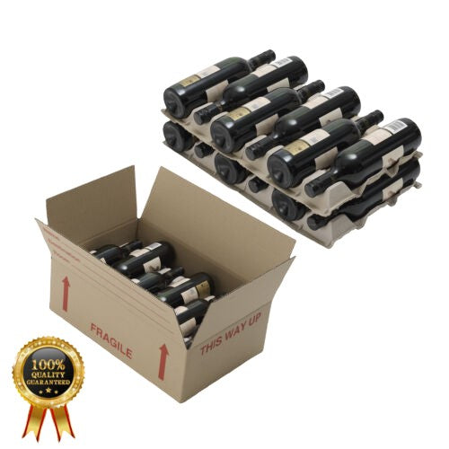 Cardboard boxes designed to hold wine bottles, with 'Fragile' and 'This Way Up' markings on the boxes.