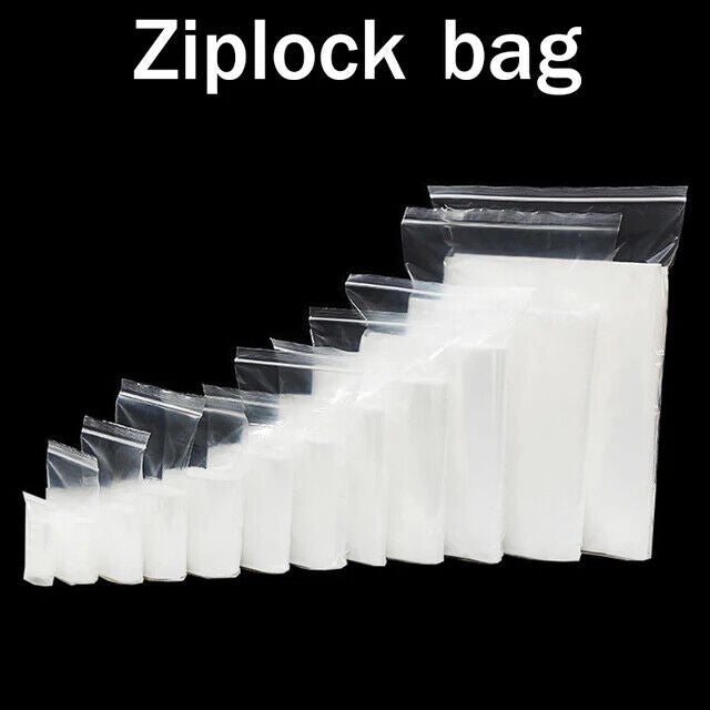 A set of clear plastic zip lock bags in various sizes, designed for office supplies and food storage.