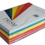 A ream of 500 sheets of 150gsm colored cardboard in assorted warm colors, branded Prism.