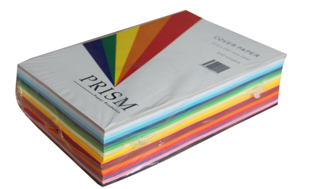 A ream of 500 sheets of 150gsm colored cardboard in assorted warm colors, branded Prism.