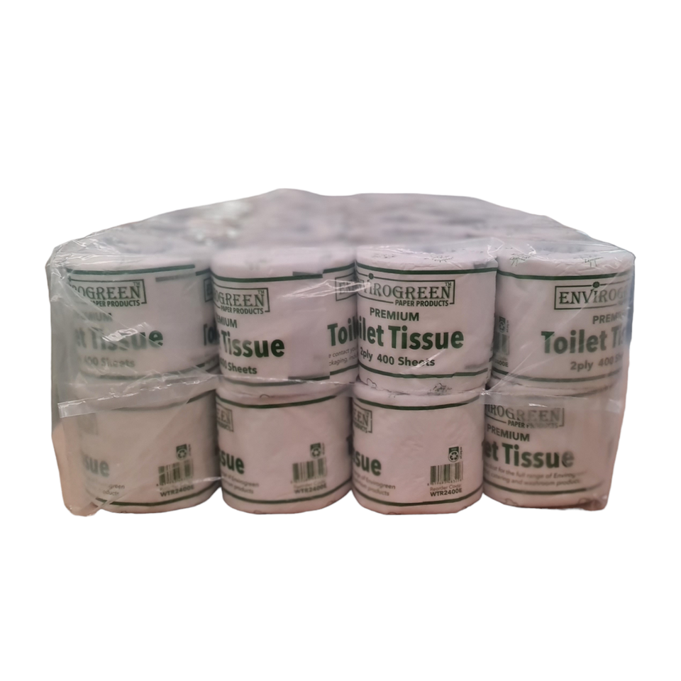 A pack of 48 Envirogreen toilet paper rolls, with 200 sheets per roll, wrapped in white plastic.