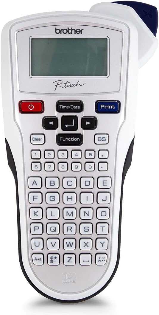 A Brother PT-2000 P-touch portable label printer in white and black, featuring a digital LCD screen, numeric keypad, and red and blue buttons on a white background.