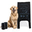 A dog waste bag product image, featuring a happy dog in front of a black bag with text, and several black bags displayed in the background.