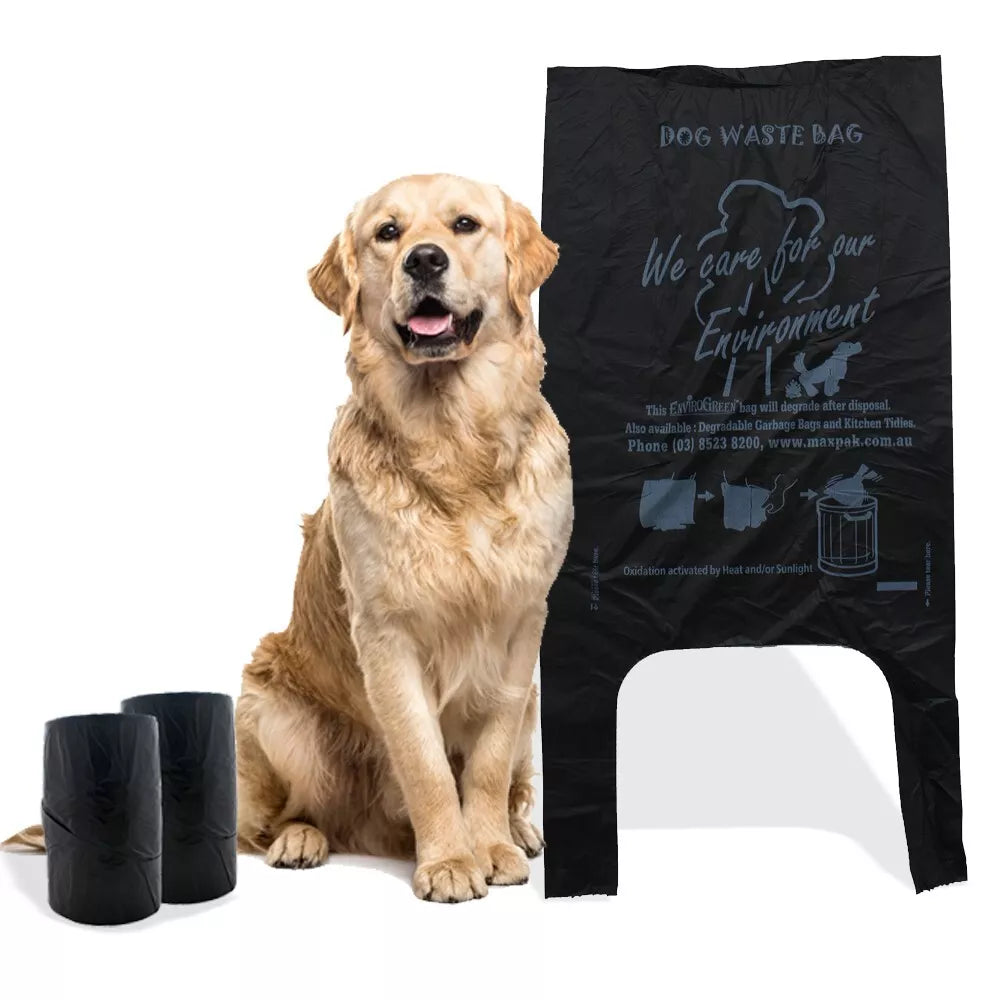 A dog waste bag product image, featuring a happy dog in front of a black bag with text, and several black bags displayed in the background.