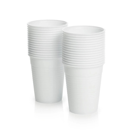 Two stacks of white disposable plastic cups with a ribbed design, shown on a clean white background.
