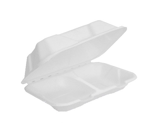 A white segmented foam take-out container with its lid propped open, shown on a plain white background.