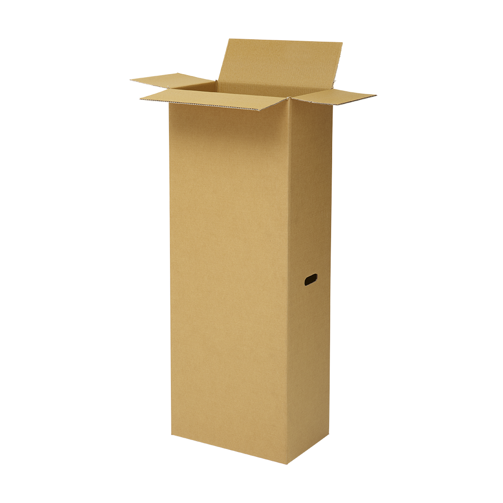 A tall vertical cardboard box designed for carrying and storing golf clubs or other sporting equipment.