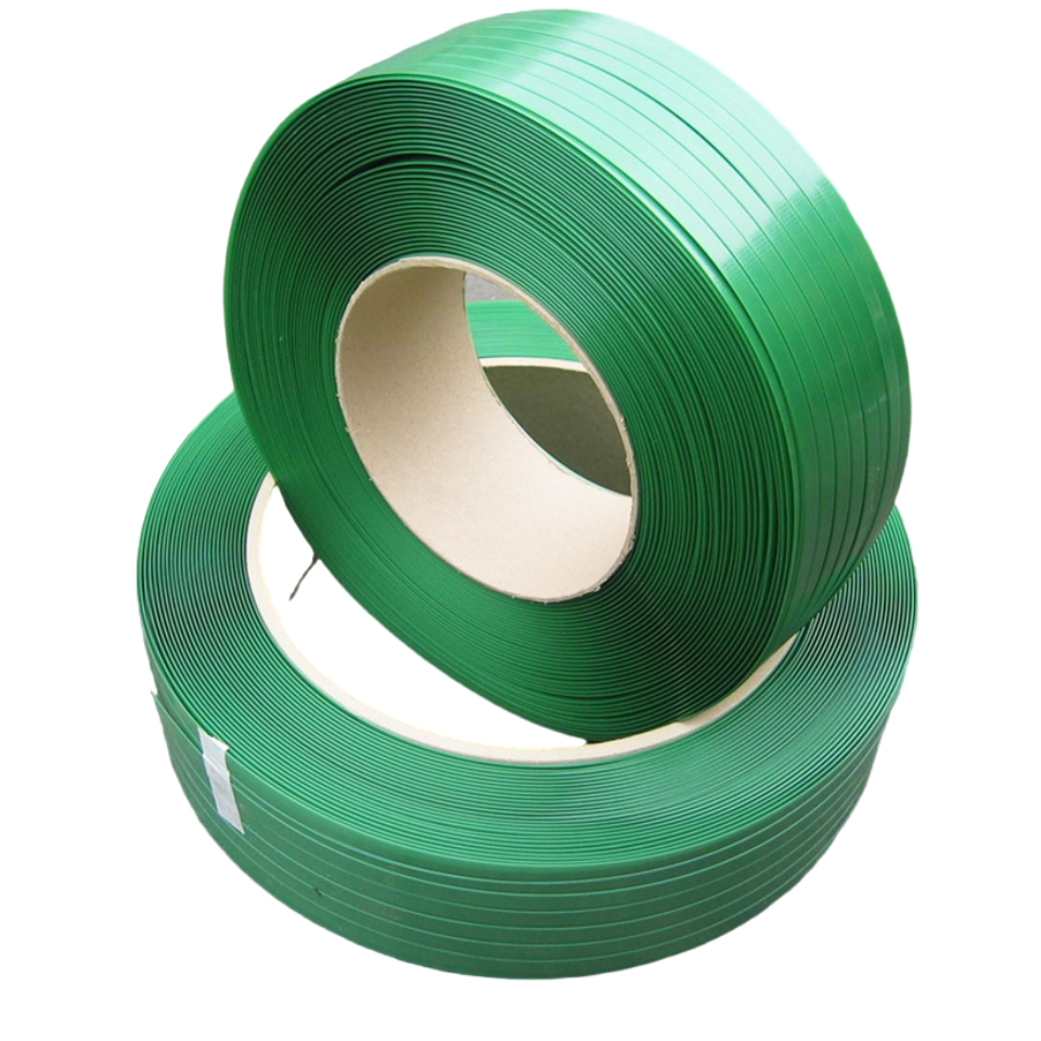 A roll of green PET pallet strapping material.