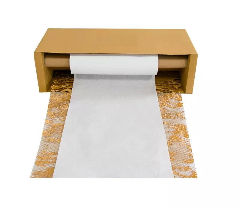 A roll of honeycomb kraft paper wrap with white tissue paper partially unrolled, displayed on a flat surface.