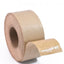 A roll of brown kraft paper packing tape with a piece partially unrolled, showing the adhesive side.