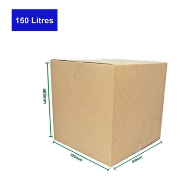 A large cardboard packing box with dimensions 550mm x 550mm x 500mm and a label indicating a 150 Litre capacity.
