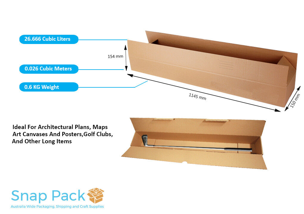 Long cardboard packing box for golf clubs and instruments au made